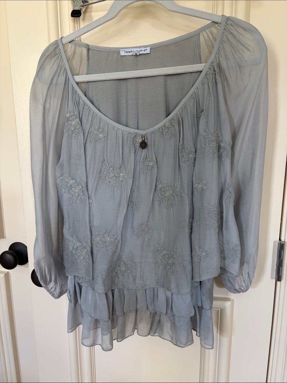 TEMPO PARIS Gray Sheer Embroidered Peasant Blouse